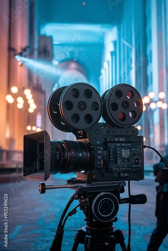 A vintage movie camera and projector, showcasing old film industry equipment and technology