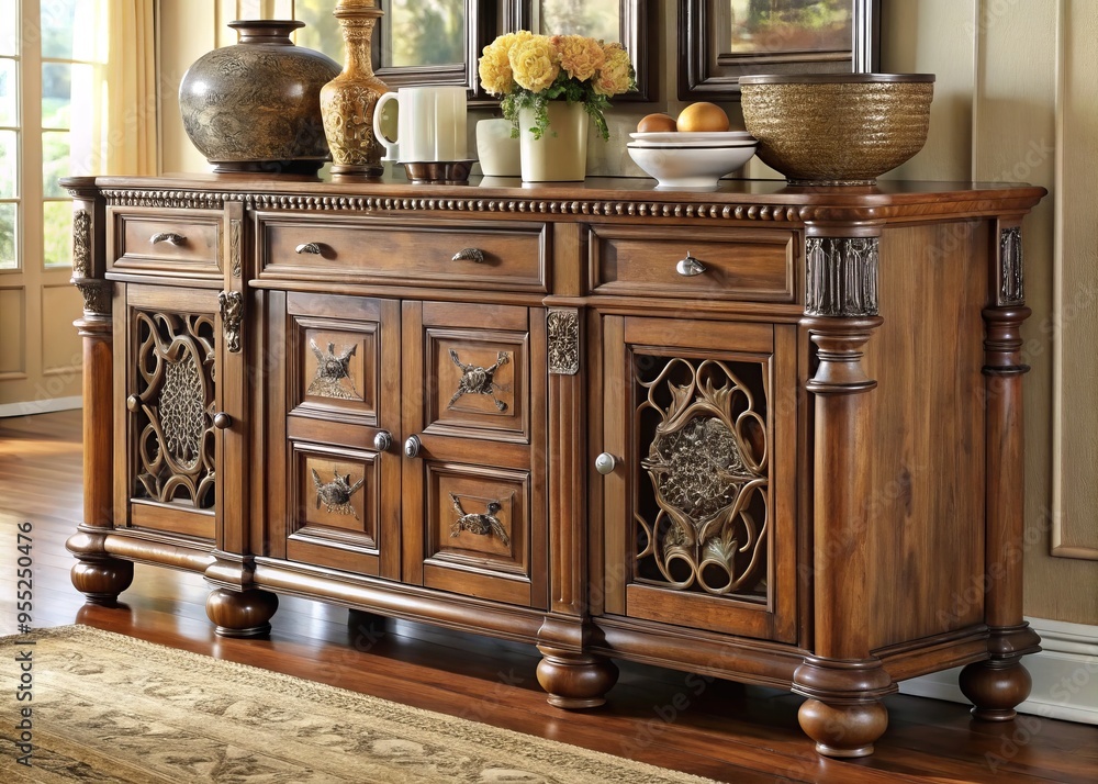 Handcrafted wooden server boasts intricate carvings and rich traditional style, featuring multiple storage compartments Handcrafted wooden server boasts intricate carvings and rich traditional style, featuring multiple storage compartments