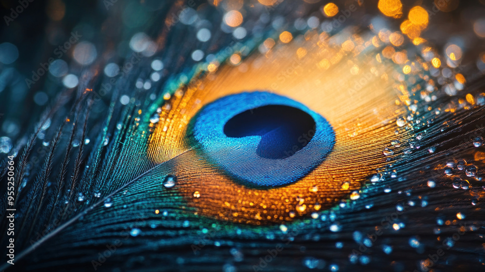 Naklejka premium A peacock feather background, with soft focus and rich textures, perfect for elegant designs