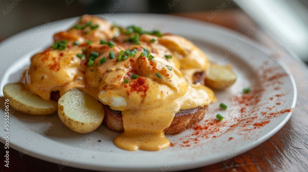 Eggs Benedict served with extra sauce and sliced potatoes on a white plate and garnished with paprika and chives Eggs Benedict served with extra sauce and sliced potatoes on a white plate and garnished with paprika and chives