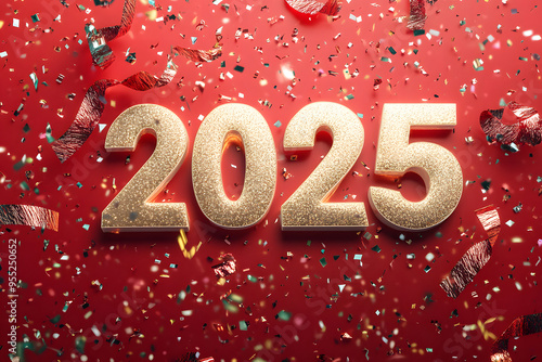 Golden 2025 on a red background with confetti. New year concept.