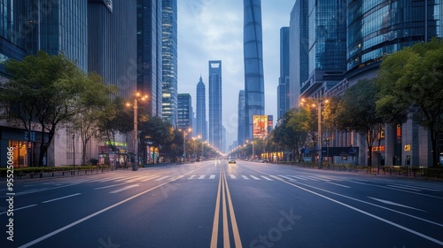An empty street in Shanghai's financial district at dusk, with towering skyscrapers and no pedestrians or vehicles.