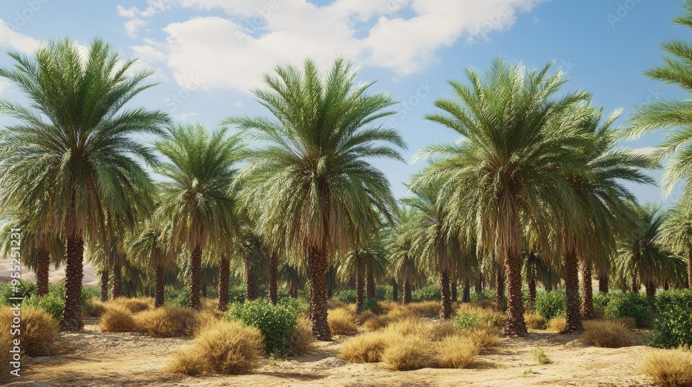 A date palm tree farm in a desert oasis, with the trees providing shade and nourishment for the local community. A date palm tree farm in a desert oasis, with the trees providing shade and nourishment for the local community.