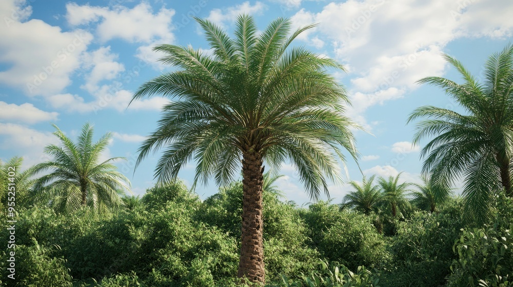 A date palm tree growing in a lush oasis, surrounded by other palm trees and vibrant greenery. A date palm tree growing in a lush oasis, surrounded by other palm trees and vibrant greenery.