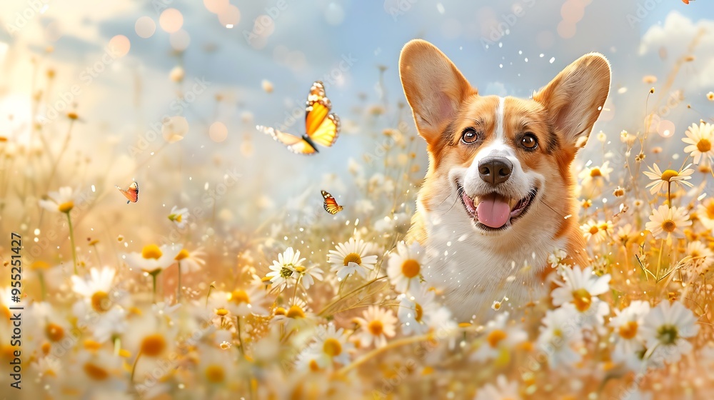 Cute Corgi Dog In Flowering Meadow With Butterflies Cute Corgi Dog In Flowering Meadow With Butterflies