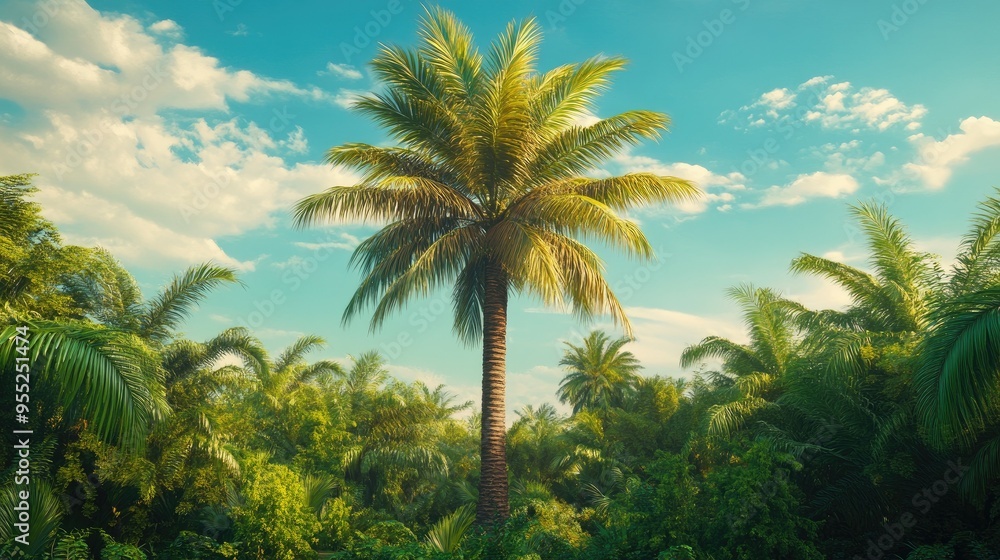 A date palm tree growing in a lush oasis, surrounded by other palm trees and vibrant greenery. A date palm tree growing in a lush oasis, surrounded by other palm trees and vibrant greenery.