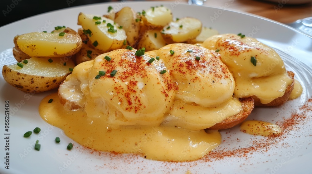 Eggs Benedict served with extra sauce and sliced potatoes on a white plate and garnished with paprika and chives Eggs Benedict served with extra sauce and sliced potatoes on a white plate and garnished with paprika and chives