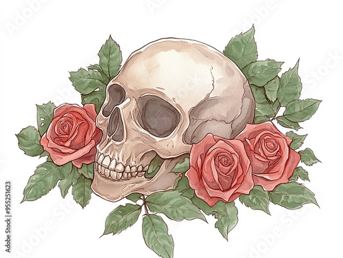 Artistic illustration of a human skull with surrounding red roses and green leaves, symbolizing life and death contrast. photo