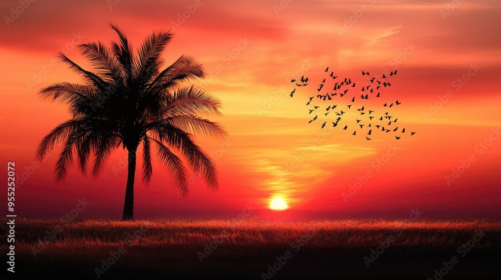 A date palm tree silhouetted against a dramatic sunset, with a flock of birds flying overhead. A date palm tree silhouetted against a dramatic sunset, with a flock of birds flying overhead.