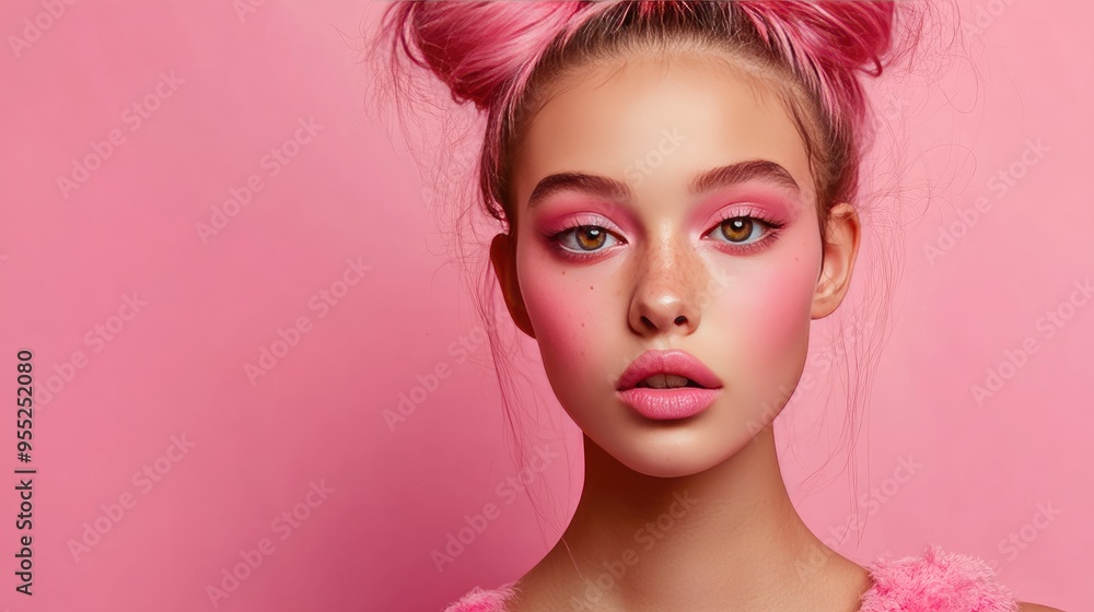 Artistic portrait of a young woman with bold pink makeup and a distinctive hairstyle, showcasing individuality Artistic portrait of a young woman with bold pink makeup and a distinctive hairstyle, showcasing individuality