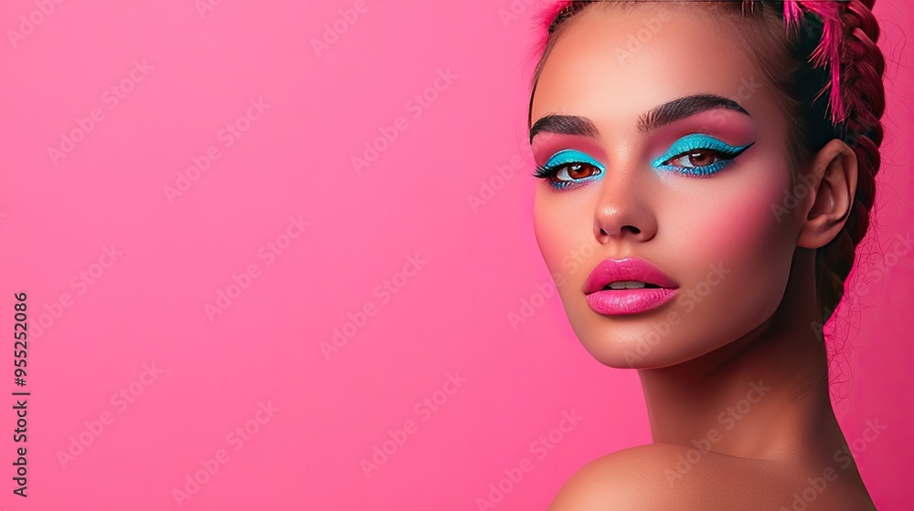 Artistic portrait of a young woman with bold pink makeup and a distinctive hairstyle, showcasing individuality Artistic portrait of a young woman with bold pink makeup and a distinctive hairstyle, showcasing individuality