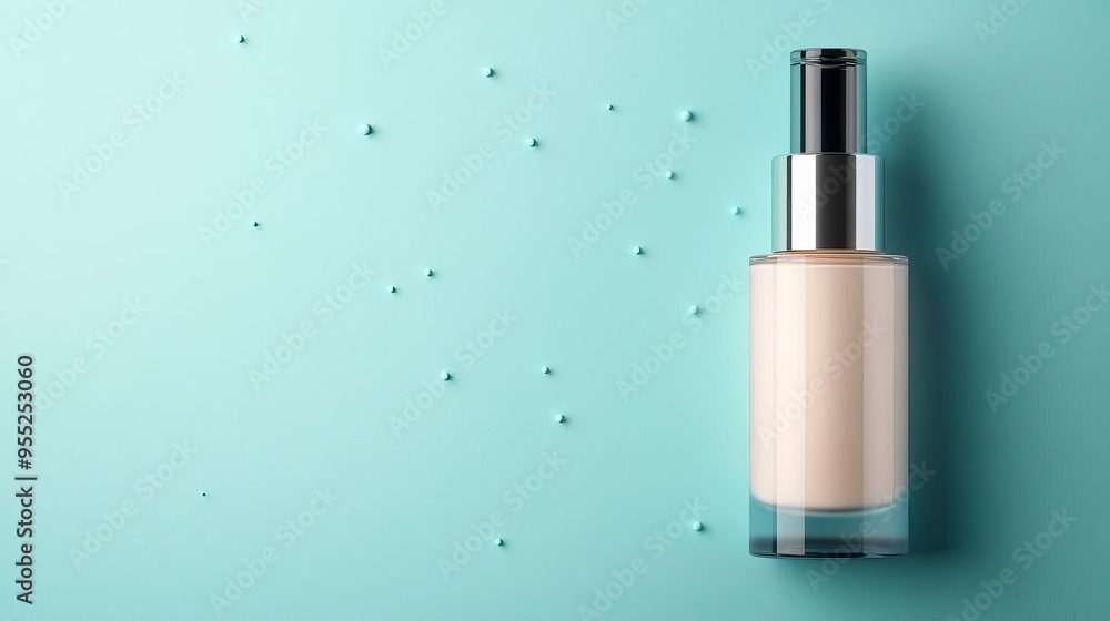 Foundation bottle on a blue background with scattered silver glitter. Foundation bottle on a blue background with scattered silver glitter.