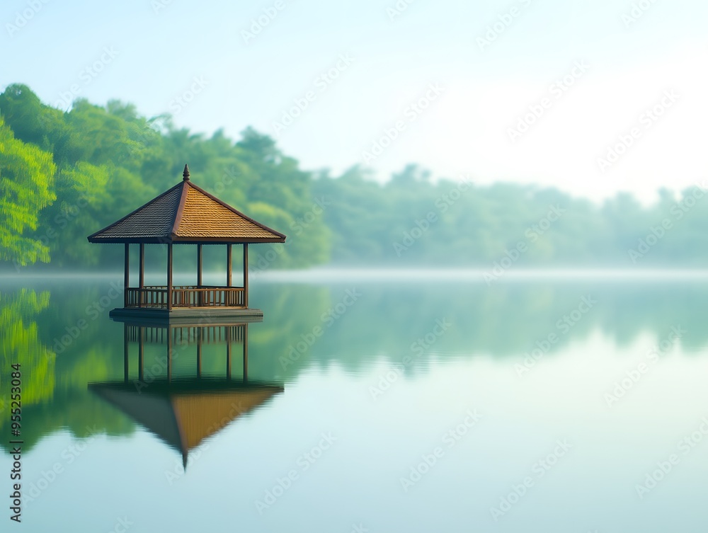 Tranquil Wooden Gazebo on Calm Lake with Reflection and Fog Tranquil Wooden Gazebo on Calm Lake with Reflection and Fog