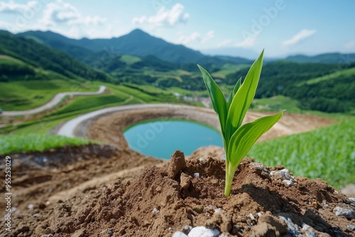 Garbage and environmental safety are captured in a realistic photo of a landfill site equipped with modern containment systems to prevent contamination