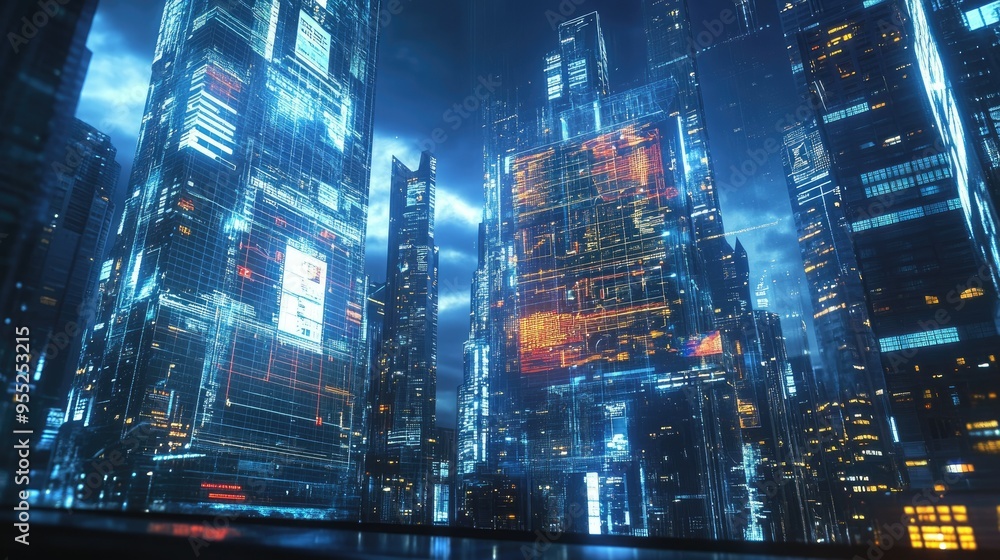 A futuristic cityscape at night, with a towering building displaying a holographic projection of a complex business graph. A futuristic cityscape at night, with a towering building displaying a holographic projection of a complex business graph.