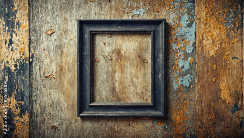 Close-up black picture frame hanging wooden wall rectangular Dis Close-up black picture frame hanging wooden wall rectangular Dis
