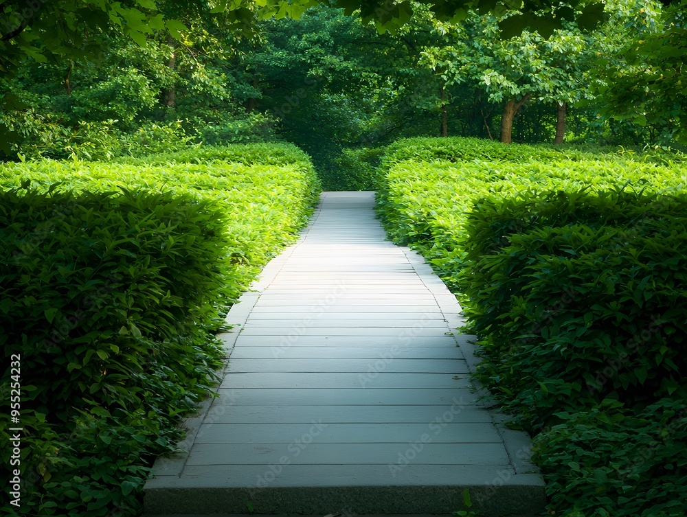 Stone Path Through Lush Green Bushes in a Garden Stone Path Through Lush Green Bushes in a Garden
