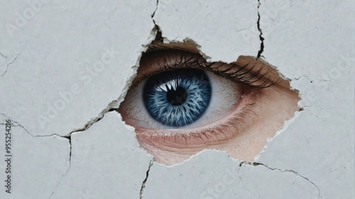 Close-up person eye peeking through crack white In this stock ph