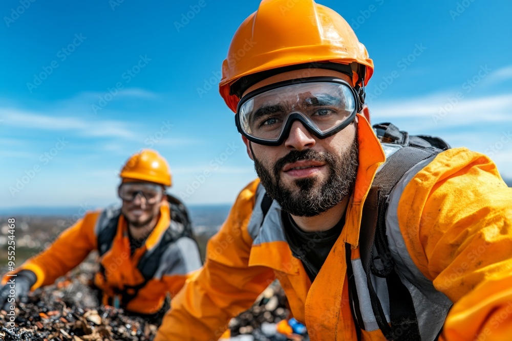 Garbage waste management safety is depicted in a realistic photo of workers handling waste with protective gear, emphasizing the importance of risk management Garbage waste management safety is depicted in a realistic photo of workers handling waste with protective gear, emphasizing the importance of risk management