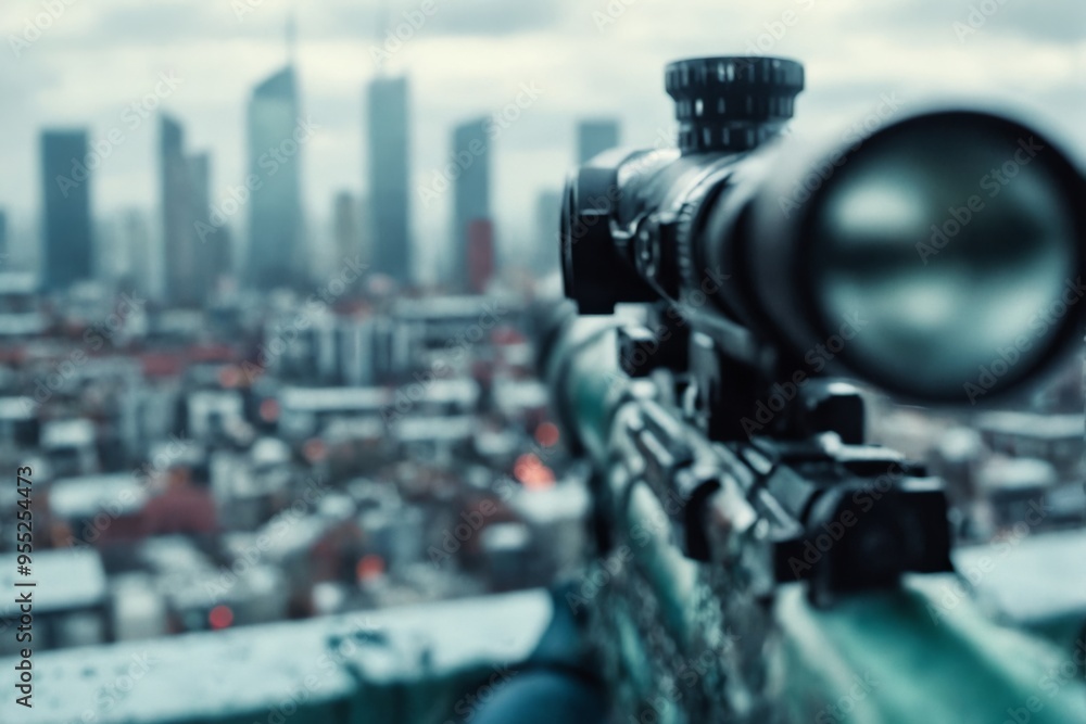 Close-up rifle scope mounted top building has red close up assau Close-up rifle scope mounted top building has red close up assau