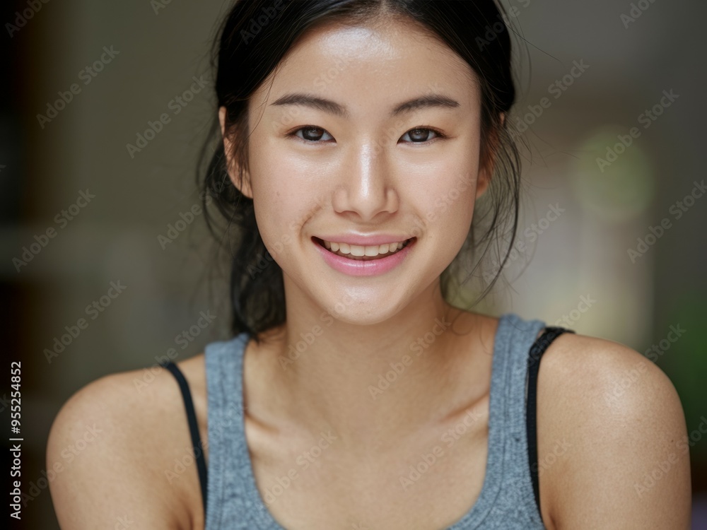 Woman smiling portrait. Asian woman with long dark hair smiling, wearing a grey tank top, looking at the camera with a cheerful and happy expression. Woman smiling portrait. Asian woman with long dark hair smiling, wearing a grey tank top, looking at the camera with a cheerful and happy expression.
