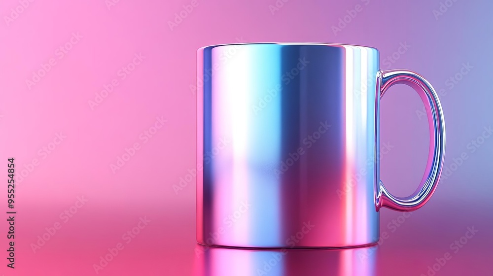 Metallic mug with iridescent finish on pink and blue gradient background. Metallic mug with iridescent finish on pink and blue gradient background.