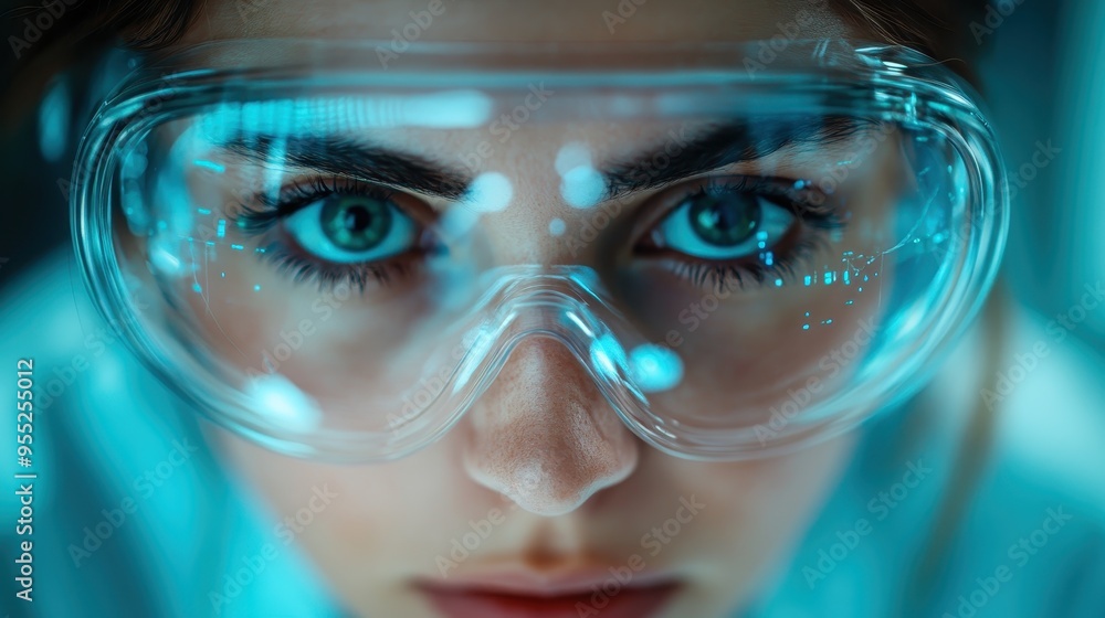 This image captures a detailed close-up of futuristic, transparent glasses reflecting blue light, evoking a sense of innovation and modern technology. This image captures a detailed close-up of futuristic, transparent glasses reflecting blue light, evoking a sense of innovation and modern technology.
