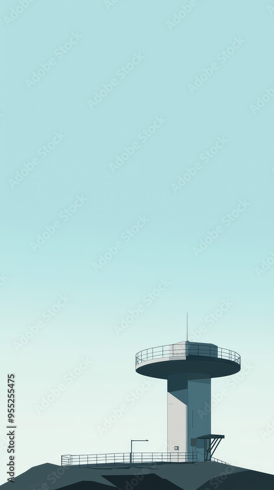 A Minimalist View: A lone radar station stands tall against a vast, pale blue sky, its silhouette a stark reminder of unseen surveillance. A Minimalist View: A lone radar station stands tall against a vast, pale blue sky, its silhouette a stark reminder of unseen surveillance.