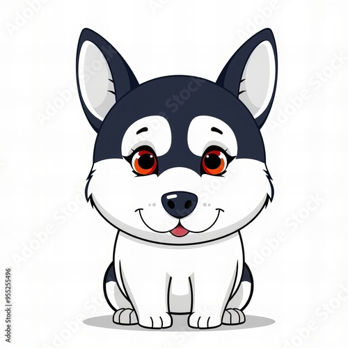 cartoon husky dog with red eyes sitting on a white surface.