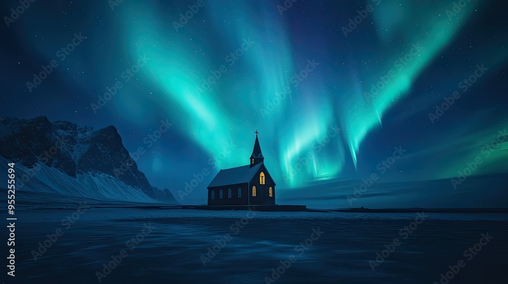 A vibrant aurora borealis dancing above a historic Christian church at Skagsanden beach, Lofoten islands, Norway, under a starry night sky. A vibrant aurora borealis dancing above a historic Christian church at Skagsanden beach, Lofoten islands, Norway, under a starry night sky.