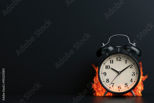 Alarm clock engulfed in flames representing urgency and the passage of time vividly, contrasting starkly against a dark background, evoking intense emotional response. photo