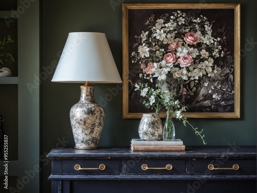 Corner room dark green walls left side image Artwork in a frame