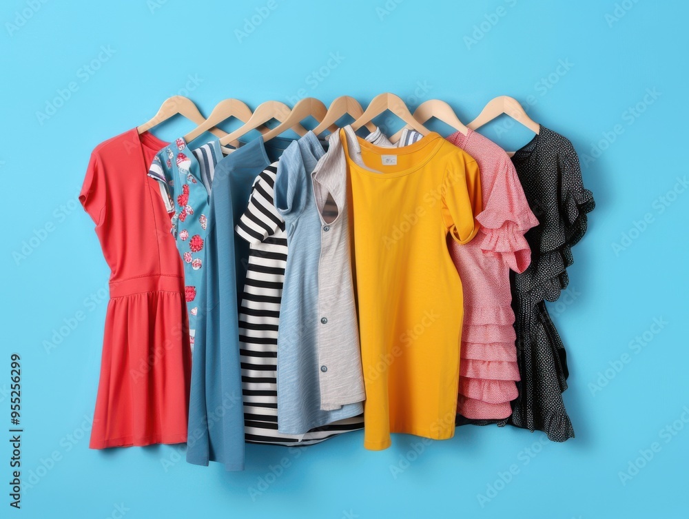 Obraz premium Colorful Dresses on Hangers. Lifestyle