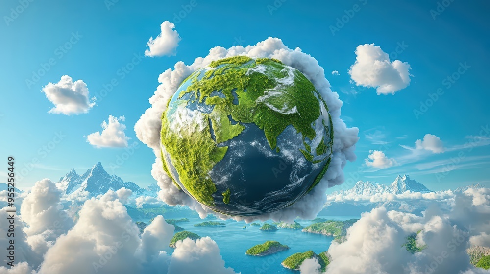 Naklejka premium A surreal depiction of Earth floating among fluffy clouds, symbolizing nature and the beauty of our planet.
