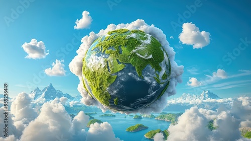 A surreal depiction of Earth floating among fluffy clouds, symbolizing nature and the beauty of our planet. photo