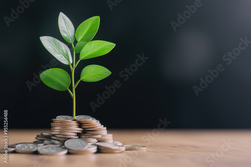 Growing wealth, a vibrant green plant emerging from a mound of coins symbolizes financial growth and prosperity against a dark background.