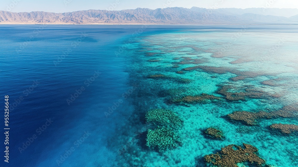 Obraz premium Aerial perspective of Eilat's Coral Reef, showing the extensive coral beds just below the wateraes surface, with shades of blue and turquoise