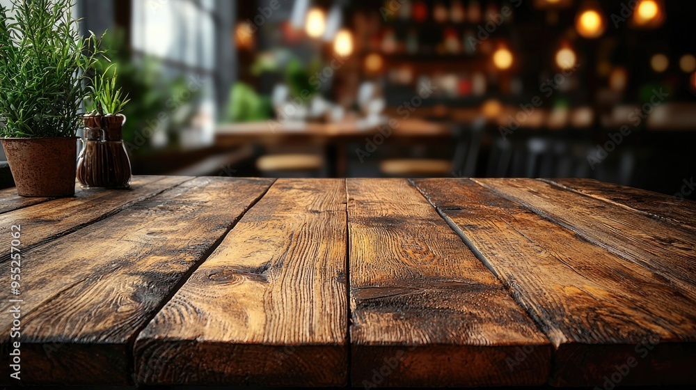 Empty wood table top on blur light gold bokeh of cafe restaurant in dark background Empty wood table top on blur light gold bokeh of cafe restaurant in dark background