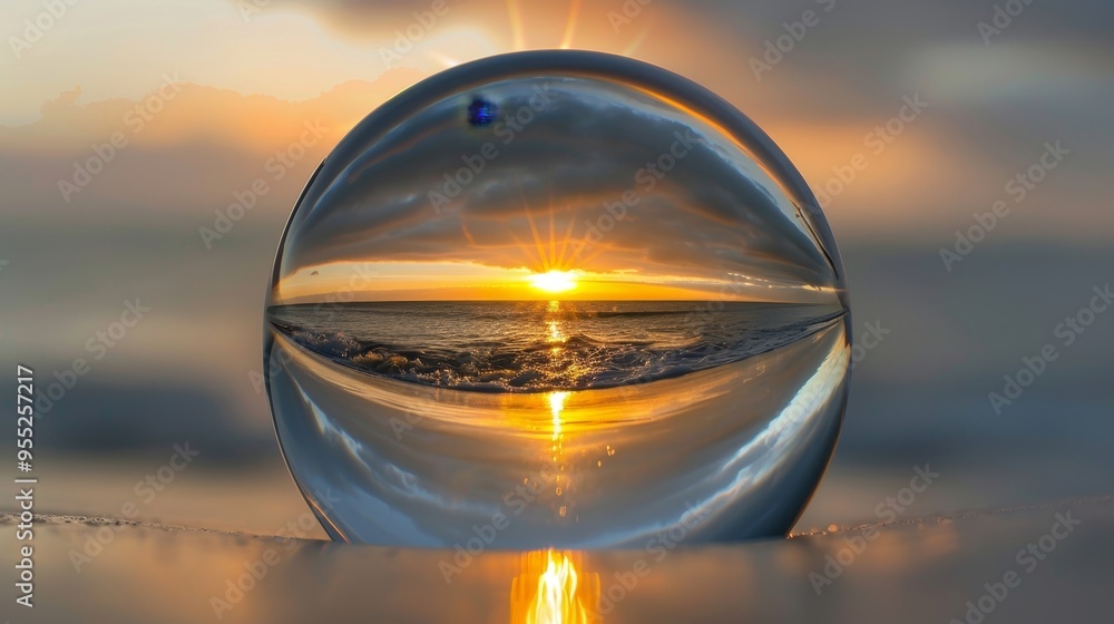 Sunset over the Ocean Captured Inside a Crystal Ball. Tranquil Tropical Scene Reflected in a Lens. Sunset over the Ocean Captured Inside a Crystal Ball. Tranquil Tropical Scene Reflected in a Lens.