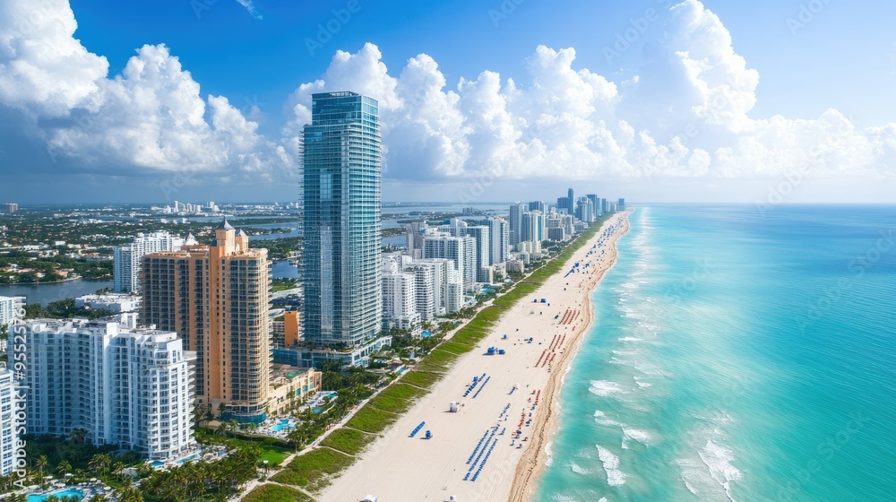 Aerial view of The Setai hotel and surrounding luxury hotels near South Beach, Miami Beach, Florida, on a sunny day, capturing the vibrant coastal skyline and beachfront scenery Aerial view of The Setai hotel and surrounding luxury hotels near South Beach, Miami Beach, Florida, on a sunny day, capturing the vibrant coastal skyline and beachfront scenery