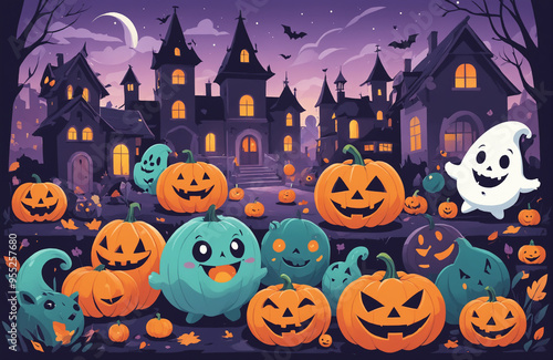 cute halloween festival illustration pattern background cartoon with ghost and pumpkin