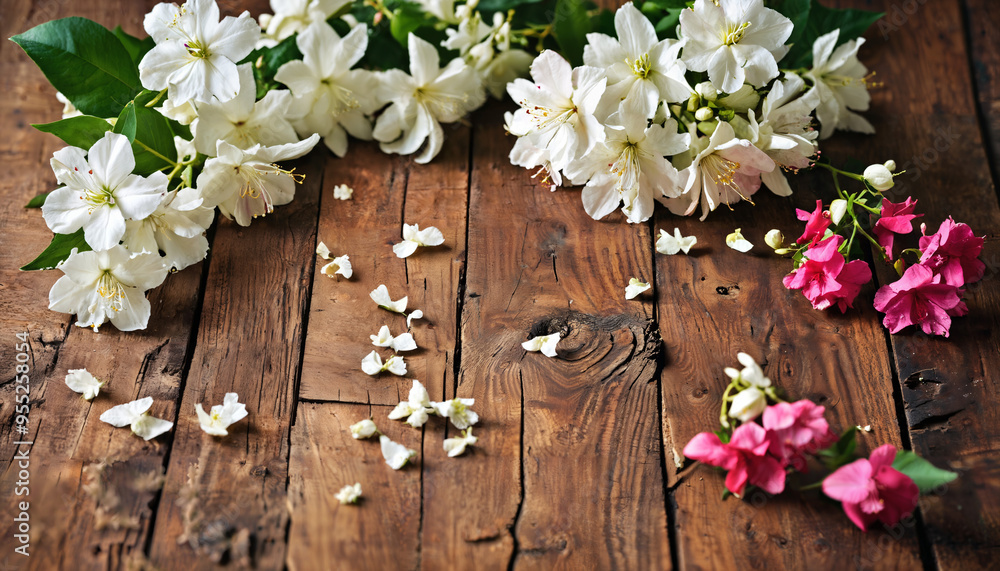 Fleurs blanches et roses sur fond en bois rustique Fleurs blanches et roses sur fond en bois rustique