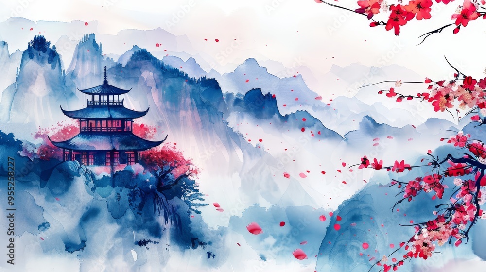 Obraz premium Buddhist pagoda amid cherry blossoms with mountain peaks serene watercolor illustration