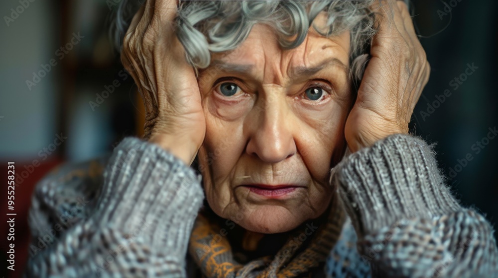 Mature depressed woman with mental illness holding head in hands Mature depressed woman with mental illness holding head in hands