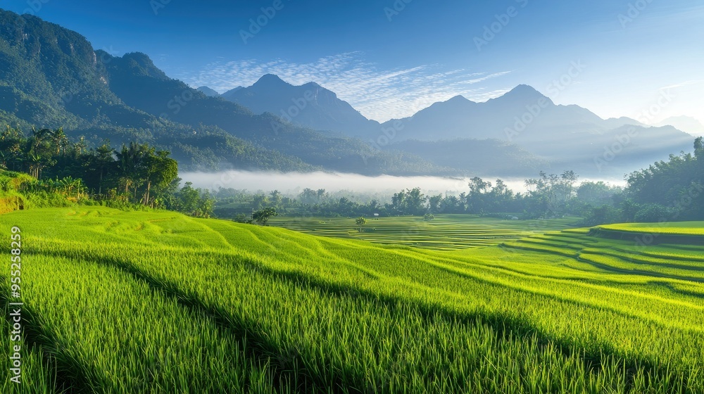 An expansive view of lush green rice fields leading up to mist-covered mountains in the morning light, Nan province, Thailand, with a clear, blue sky overhead An expansive view of lush green rice fields leading up to mist-covered mountains in the morning light, Nan province, Thailand, with a clear, blue sky overhead