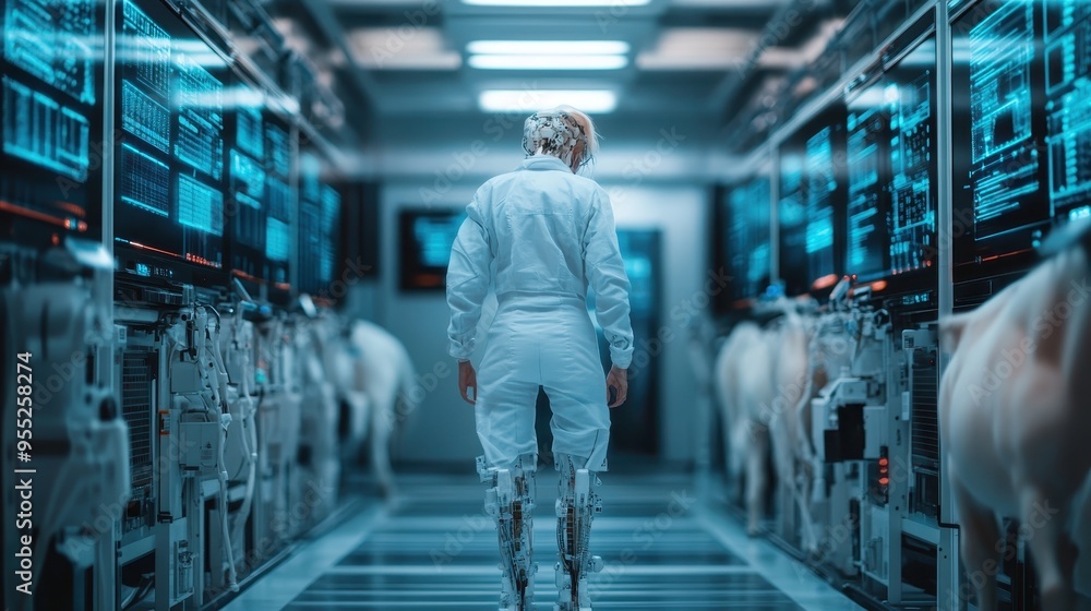 A scientist wearing advanced gear walks through a lab filled with high-tech equipment and cattle, showcasing modern agriculture techniques and technological advancements. A scientist wearing advanced gear walks through a lab filled with high-tech equipment and cattle, showcasing modern agriculture techniques and technological advancements.