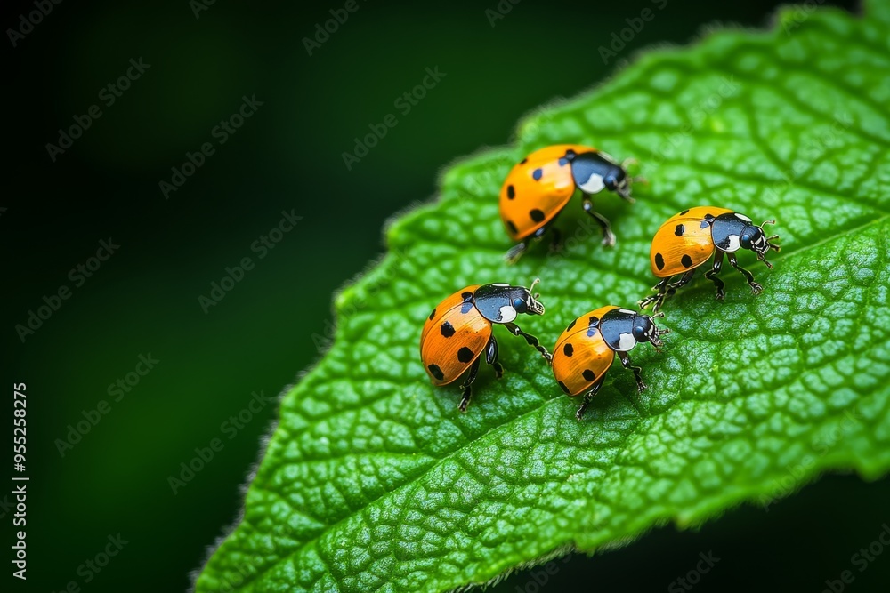 Ladybugs, exploring leaves, curious and busy move with purpose as they search for aphids Ladybugs, exploring leaves, curious and busy move with purpose as they search for aphids