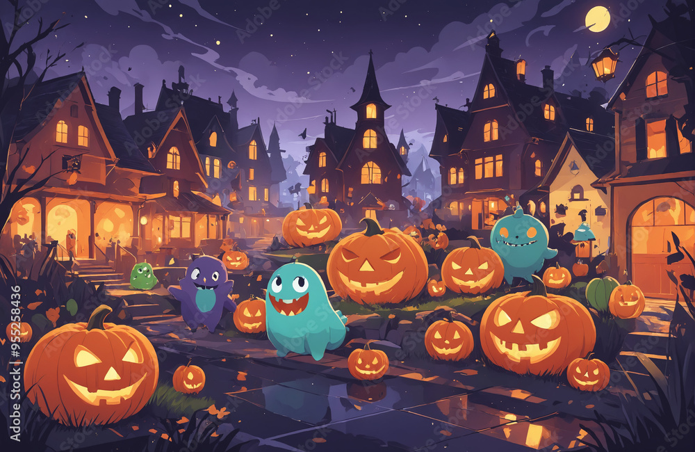 Fototapeta premium cute halloween festival illustration pattern background cartoon with ghost and pumpkin