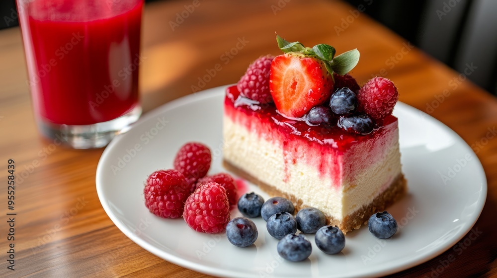 Slice of cheesecake with berry topping and fresh fruit on a white plate with a glass of juice. Slice of cheesecake with berry topping and fresh fruit on a white plate with a glass of juice.