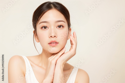 A woman with a white tank top and brown hair is posing for a picture 